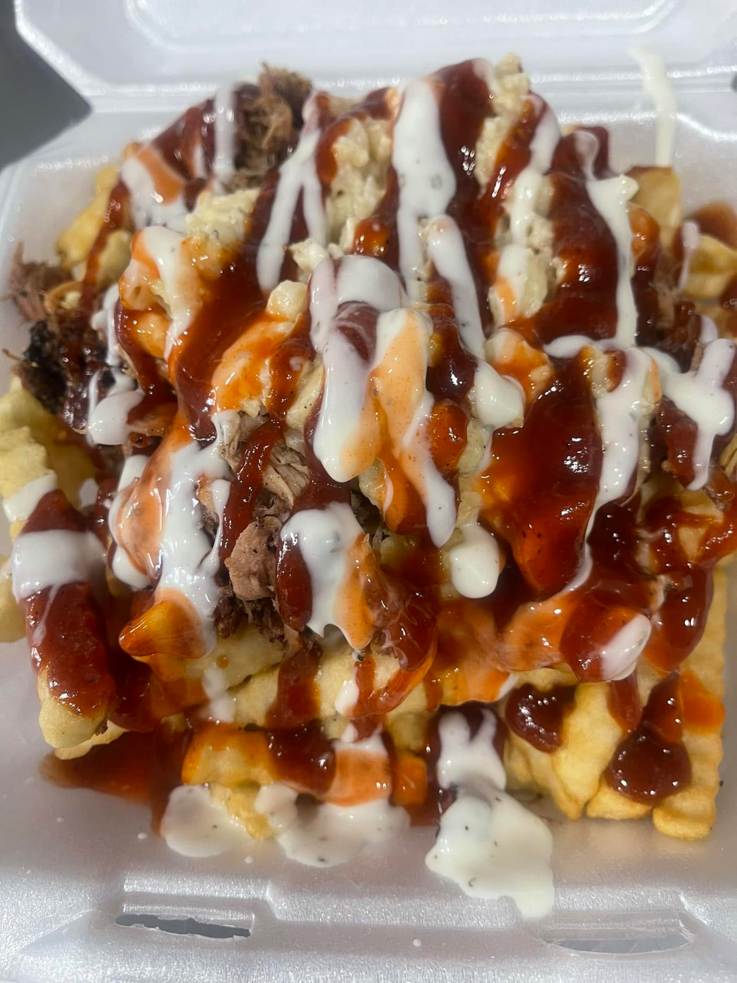 Loaded BBQ fries with pulled pork and sauce